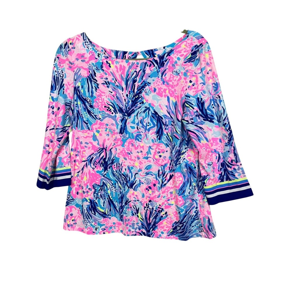 Lilly Pulitzer Etta Top Womens Medium Pink Blue Floral 3/4 Sleeve Keyhole Back
